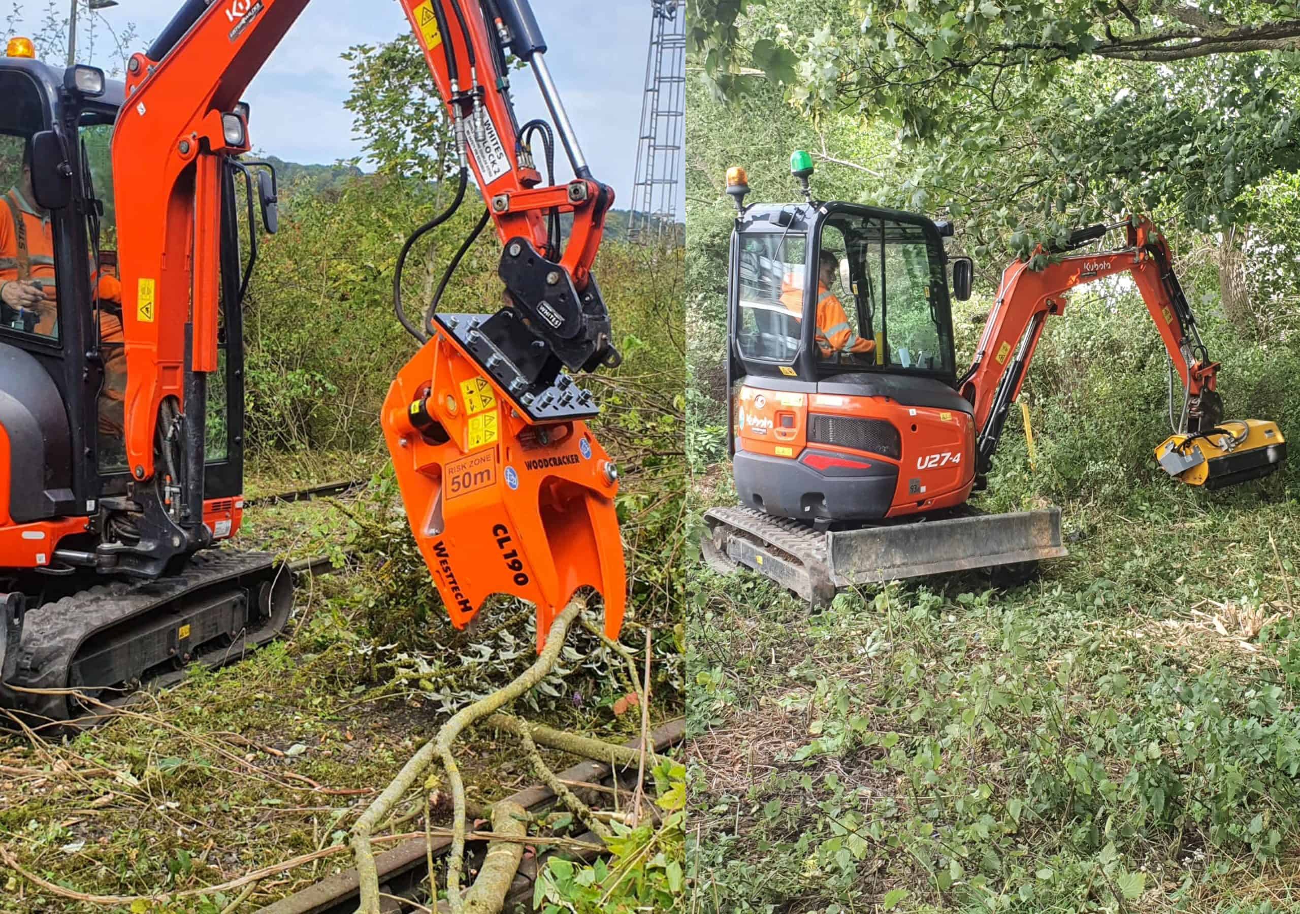 Kubota U27-4 with Woodcraker CL-190 Mini Tree Shear or mini-flail head